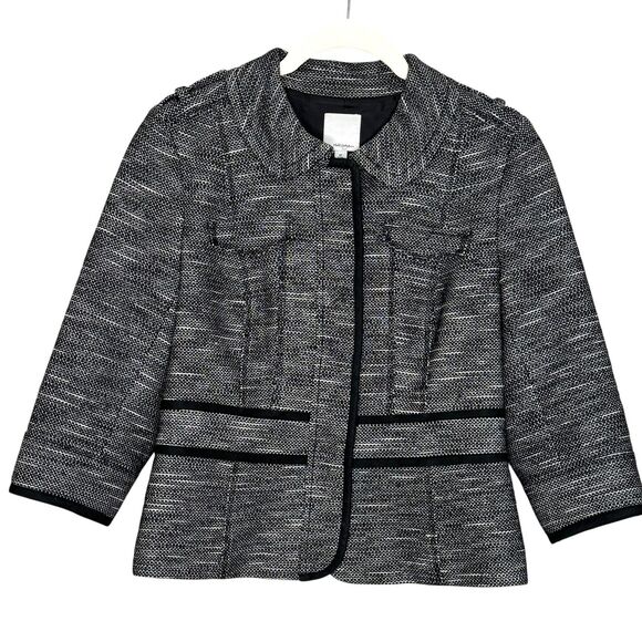 Halogen Jacket Womens 6P Petite Black White Tweed Lined Cropped 3/4 Sleeve Piped - Picture 1 of 7